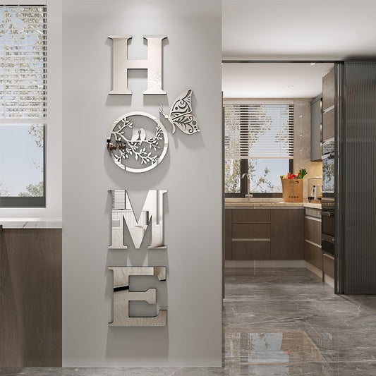 CrazyDeal Home Signs Wall Decor Letter Signs Length Mirror Wall Stickers Decorations for Living Room Bedroom Farmhouse The Home Modern Decorations Bird Wall Art Large（Silver Acrylic,49.2 X 15.7 Inch）