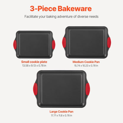 VEVOR Baking Pans Set, 3-Piece, Nonstick Carbon Steel Cookware Sheets & Trays, Stackable Kitchen Oven Bakeware Cooking Sets with Silicone Handles, Easy to Clean, for Baking Cookie Cake Muffin Bread