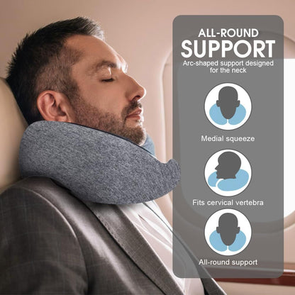 Sonicefit Neck Travel Pillow for Airplanes, Memory Foam 360 Degree Support Pillow with Removable Cover, Compact and Ergonomic Neck Pillow for Travel Home Cars Office, Lightweight & Portable (Gray)