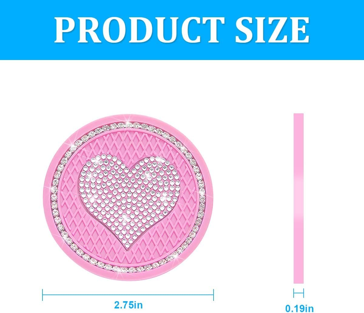 XINLIYA Heart Bling Car Cup Holder Coaster, 2PCS Universal Crystal Rhinestone Loving Heart Car Coasters, Cute Vehicle Anti-Slip Drink Cup Mat, Auto Interior Accessories Universal for Women Girls (Pink)