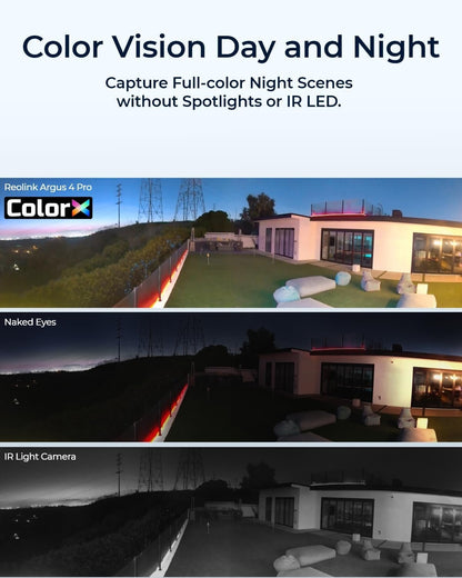 REOLINK 4K Solar Security Cameras Wireless Outdoor, 180Â° Blindspot-Free View, Spotlight Color Night Vision, Dual-Band Wi-Fi 6, Smart AI Detection, No Extra Fee, Argus 4 Pro+Solar Panel (ColorX Series)