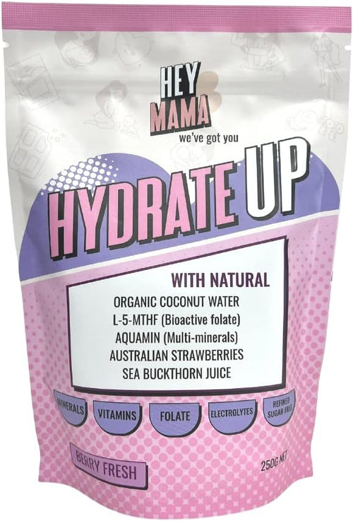 Hey Mama Hydrate Up - Clean Hydration, Essential Electrolytes, Highly Bioactive Folate, Vitamins and Minerals - 250g Berry Fresh 25 Serves