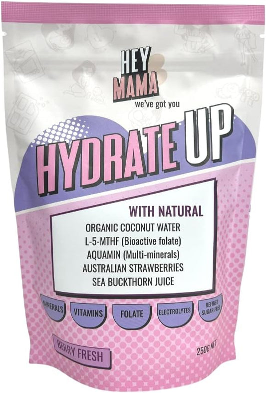 Hey Mama Hydrate Up - Clean Hydration, Essential Electrolytes, Highly Bioactive Folate, Vitamins and Minerals - 250g Berry Fresh 25 Serves