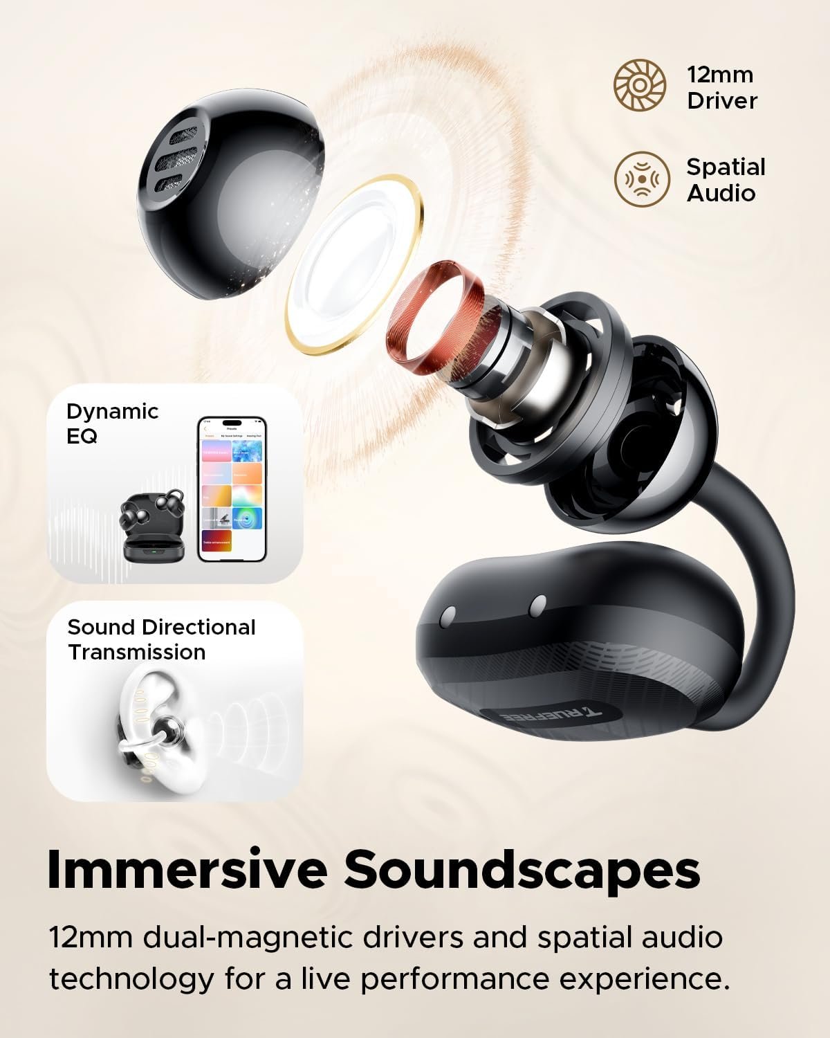 truefree C10 Clip-On Wireless Earbuds, Open-Ear Earphones, Bluetooth 5.4, 12mm Driver with Spatial Sound, 28H Playtime, IPX5 Water-Resistant, AI-ENC Clear Calls, Dual Connection, App Customizable