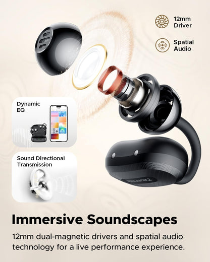 truefree C10 Clip-On Wireless Earbuds, Open-Ear Earphones, Bluetooth 5.4, 12mm Driver with Spatial Sound, 28H Playtime, IPX5 Water-Resistant, AI-ENC Clear Calls, Dual Connection, App Customizable