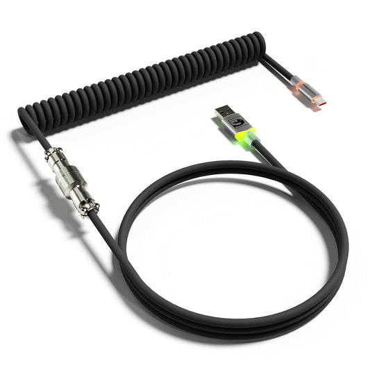 MAMBASNAKE C01Ultra RGB Lighting Coiled Keyboard Cable for Gaming Keyboard, Double-Sleeved Mechanical Keyboard Cable with Detachable Metal Aviator,Type-C to USB-A for Charging/Gaming-Black