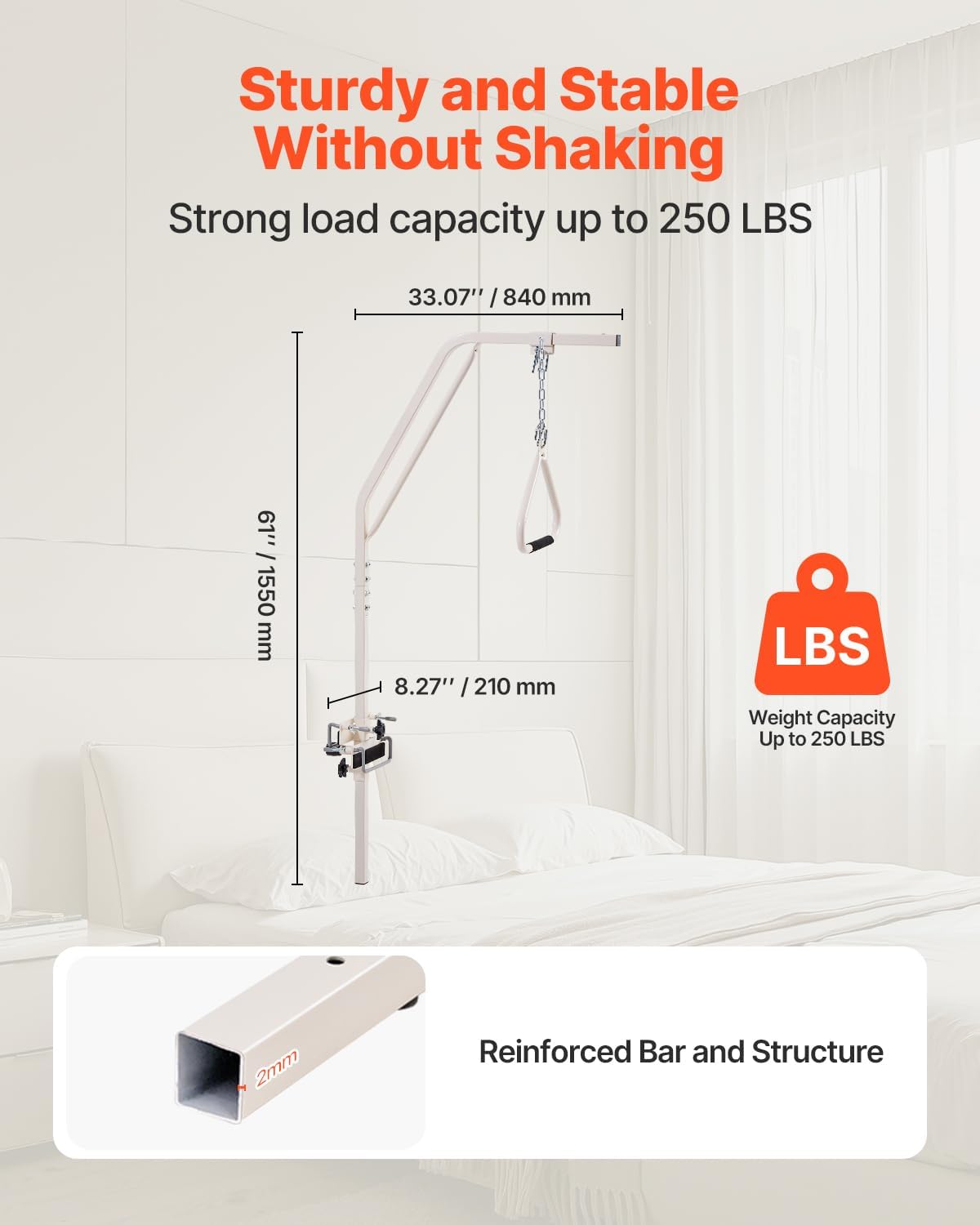 VEVOR Mobility Bed Trapezoid Bar with Clamps and Metal Chain, Assistance Bar for Elderly and Disabled - Ideal for Home Care, Hospitals, Nursing Homes