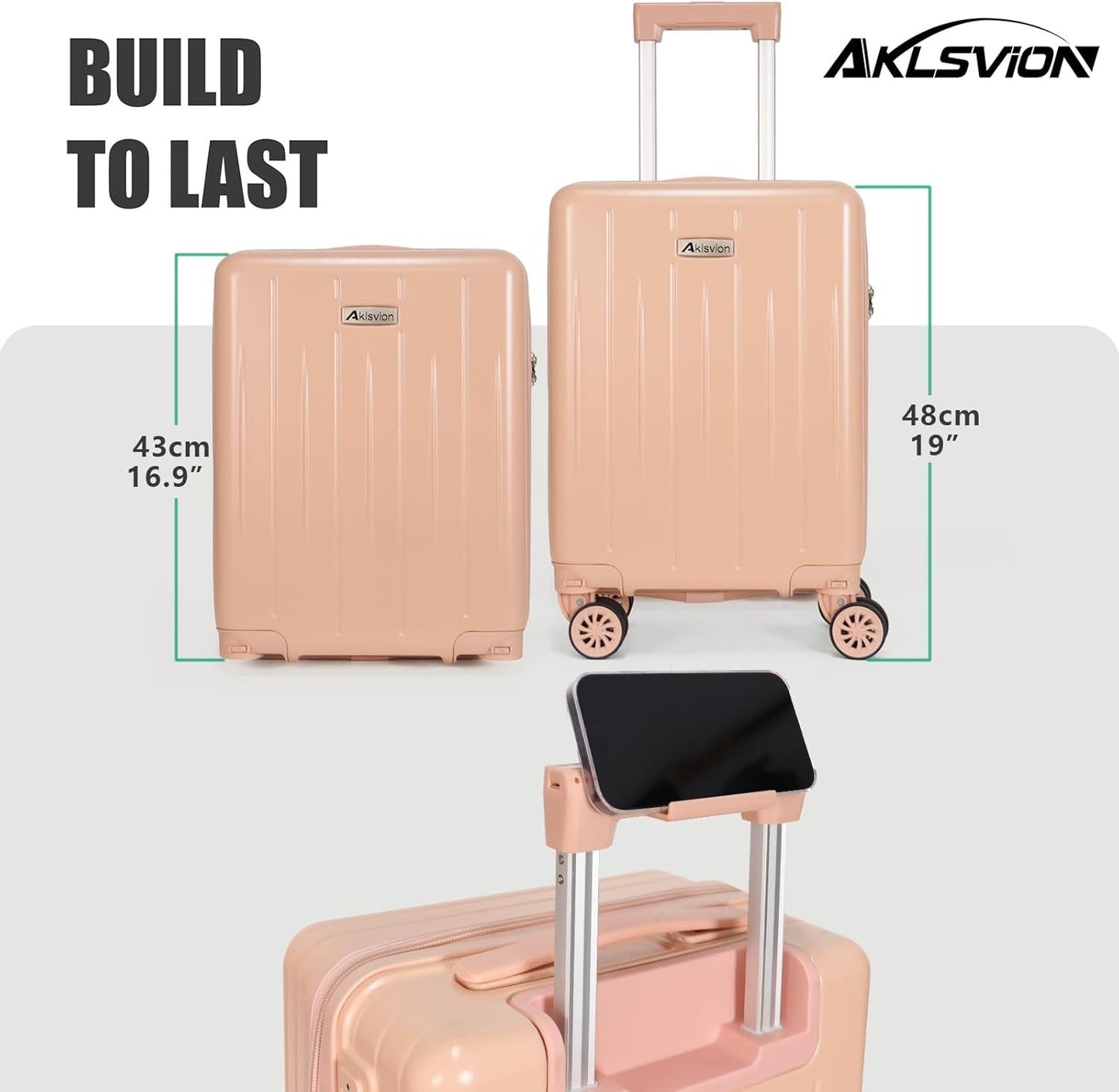 Aklsvion PC+ABS Durable Carry-On 18-inch Hardside Luggage with Detachable Spinner Wheels TSA Lock（Pink