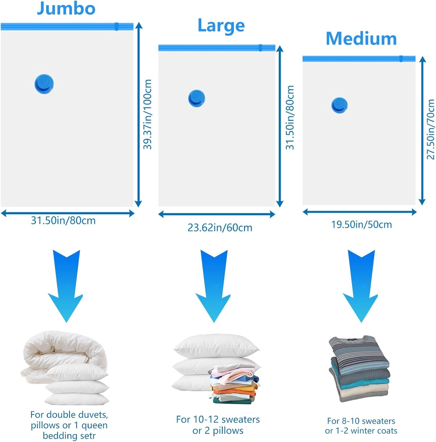 8 Pieces Vacuum Bags Clothes with Electric Pump, 2 Jumbo, 3 Large, 3 Medium, Vacuum Bags for Blankets, Duvets, Pillows, Quilts, Travel, Moving