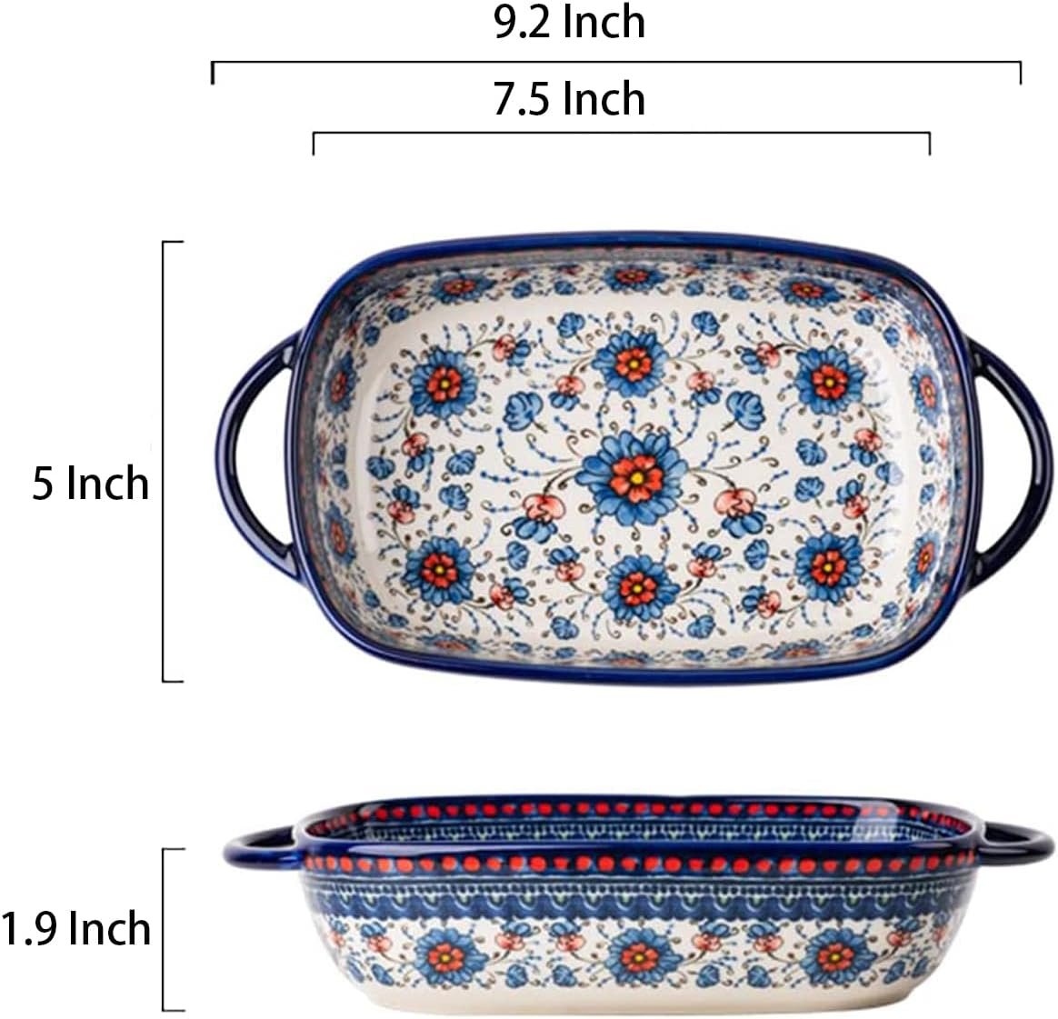 Bicuzat Blue and Orange Flower Vintage Style Ceramic Bakeware Casserole Dish Baking Pan Lasagna Pans with Handles for Oven/Cooking/Kitchen-1 PCS-22 OZ