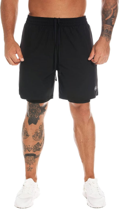 MOVEUP 2 in 1 Gym Running Shorts 7" Quick Dry Spandex Shell Fabric Compression Lining Sport Shorts Basketball Shorts Active Fitness Shorts Workout Training Shorts with Zipper Pocket for Men