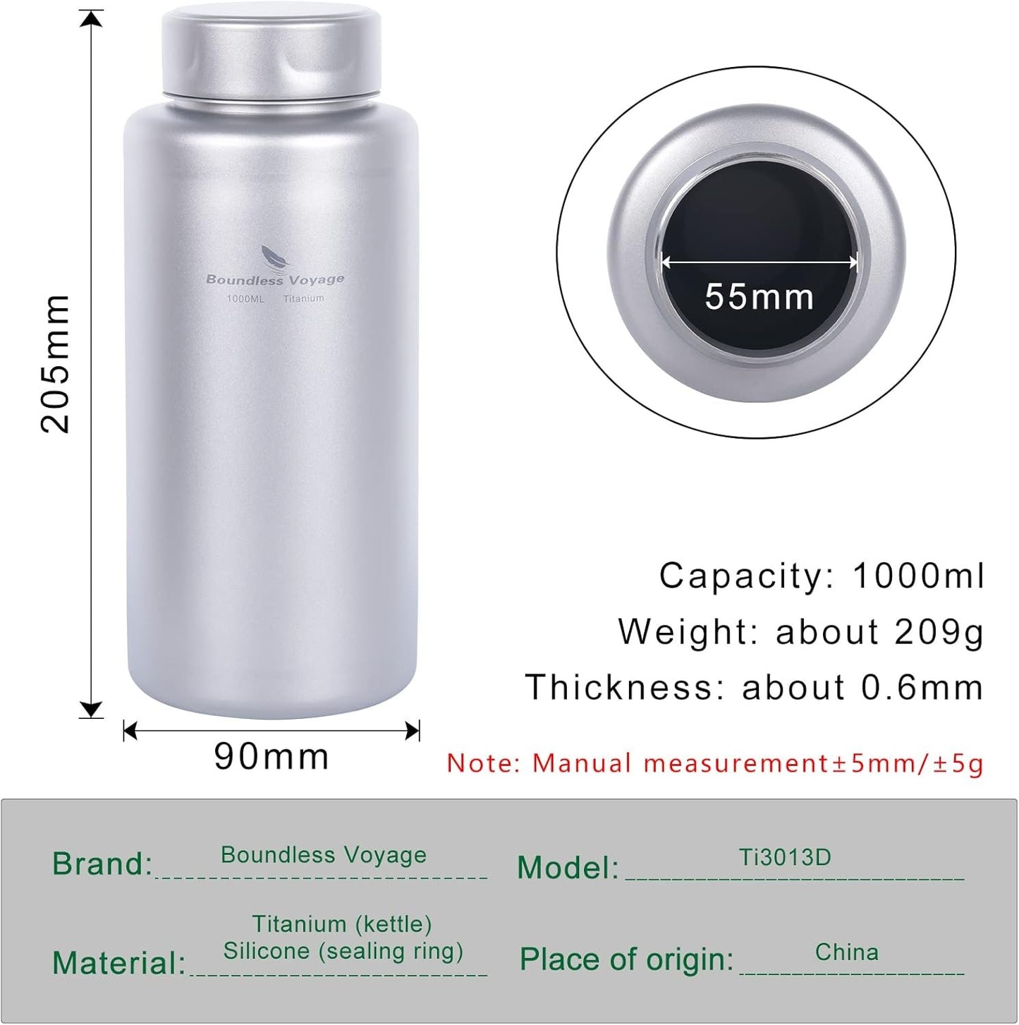 Boundless Voyage Titanium Water Bottle 1 Liter Single-layer Sports Bottle Ultralight Leakproof Drinkware for Outdoor Camping Hiking