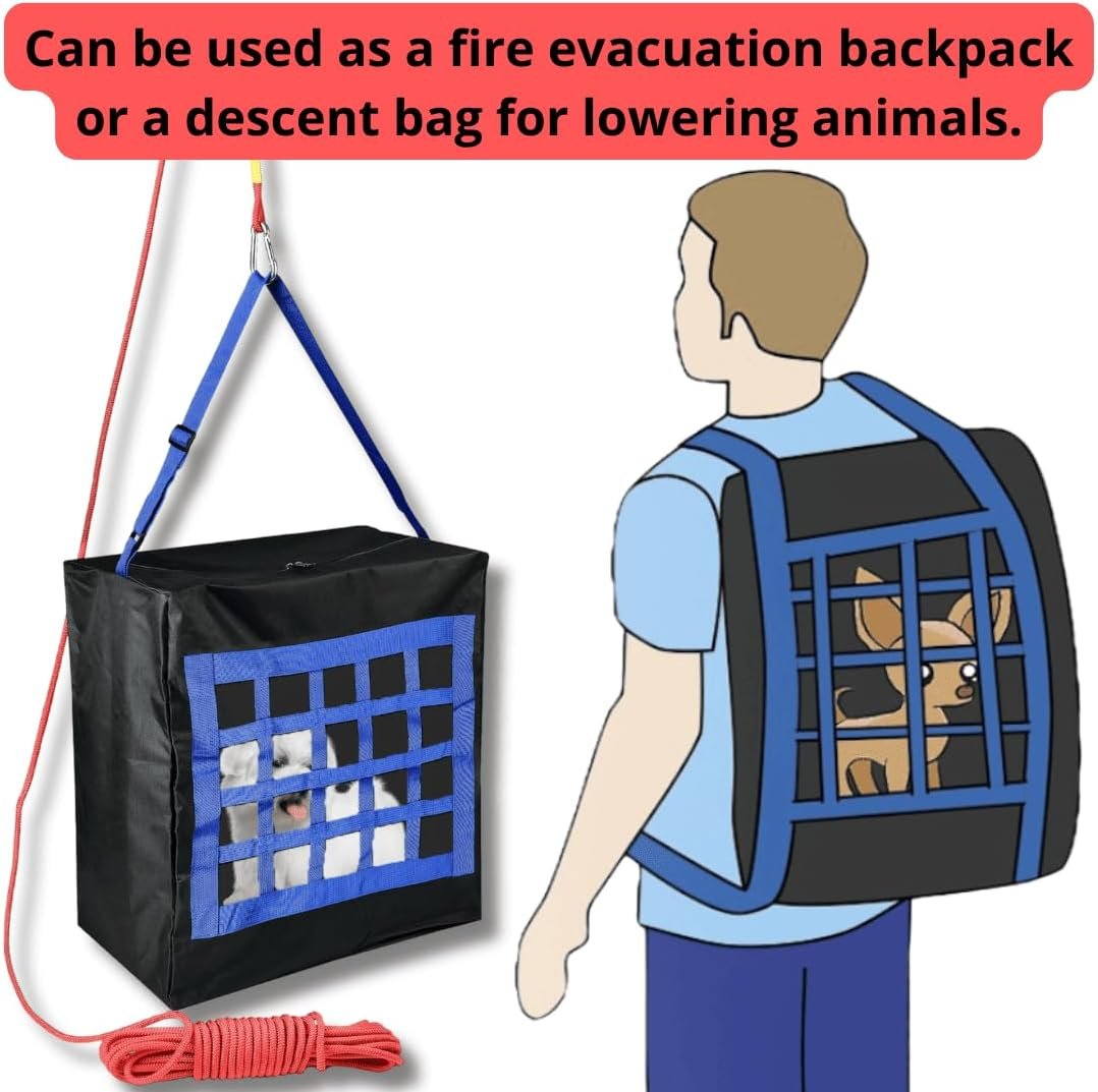 ISOP Fire Evacuation Bag for Pets up to 25 kg - 15m Rope Included - Fire Escape Device for Cats and Dogs - Emergency Evacuation Kit - Rescue Tool - Survival Kit for Pets - Life-saving Dog Carrier