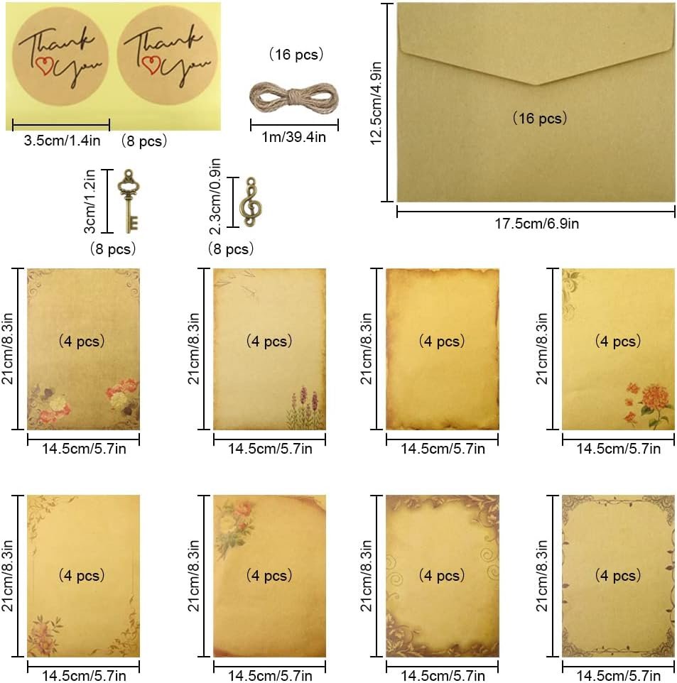 Modixun 96pcs Vintage Paper and Envelopes, Retro Kraft Writing Stationery Paper and Envelopes, Include Antique 32 Papers, 16 Envelopes, 16 Ropes, 16 Pendants, 16 Stickers