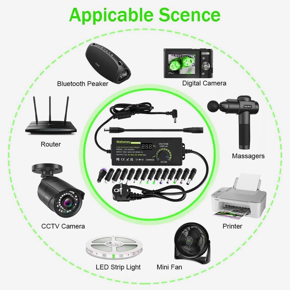 Adjustable Power Adapter 3V-36V 4A 144W, Universal AC/DC 100V-240V AC to DC Adapter with 14 Tips and Polarity Converter for Home Electronics and USB Devices, 4000mA Max