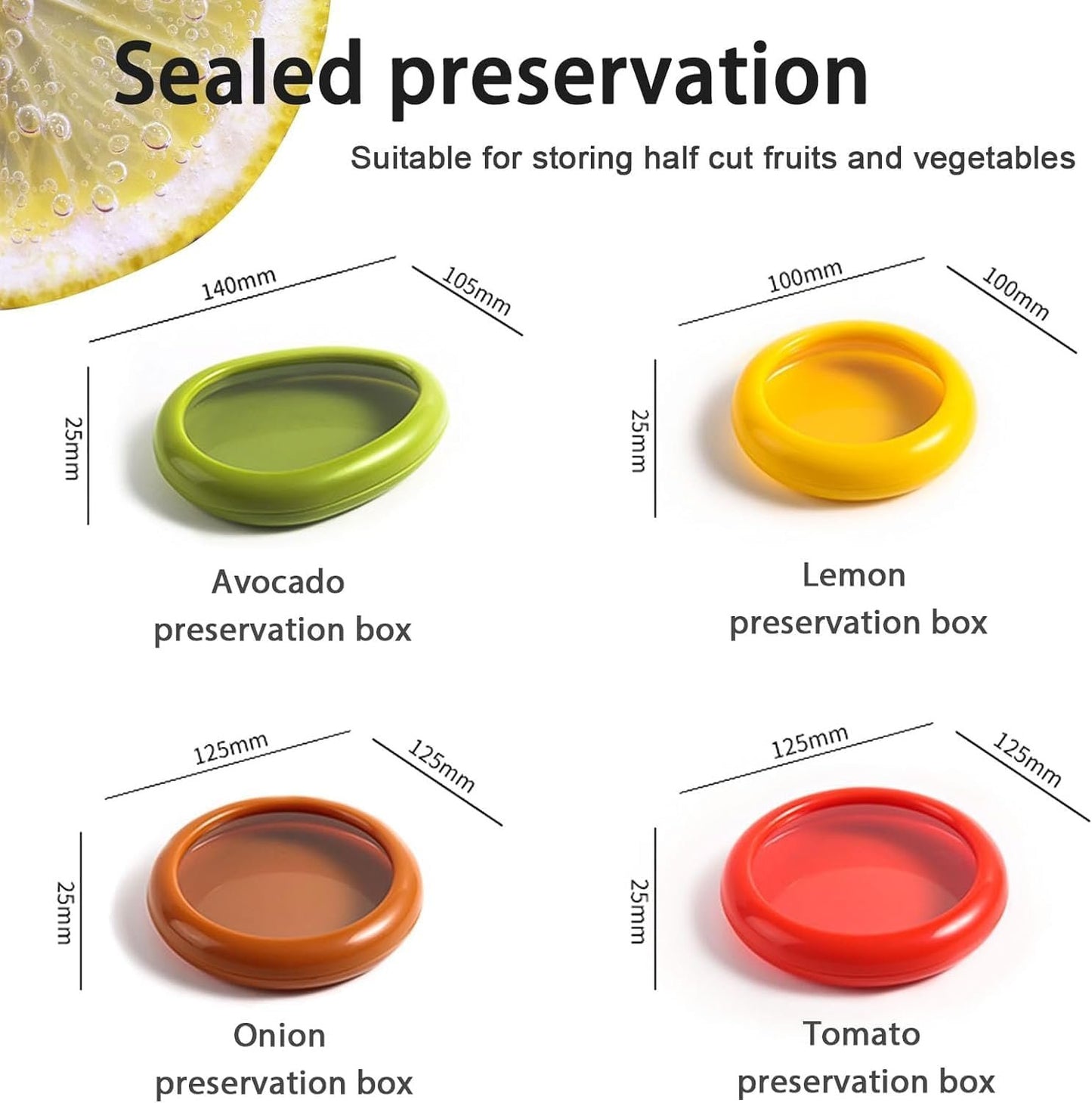 Gieyina 4PCS Fruit And Vegetable Storage Containers,Vegetable Sha Transparent Film Reusable Food Saver Set for Fridgeï¼ŒAvocado Onion Tomato and Lemon Leakproof Keeper, AU-322-2