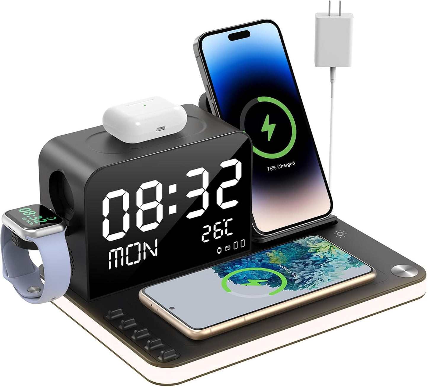 7 in 1 Wireless Charging Station, Fast Charger Station with Dual Phone, Bluetooth TimeSync, Temperature, Touch Night Light,33W Adapter for Phone 16/15/14/13/12 All Series & iWatch