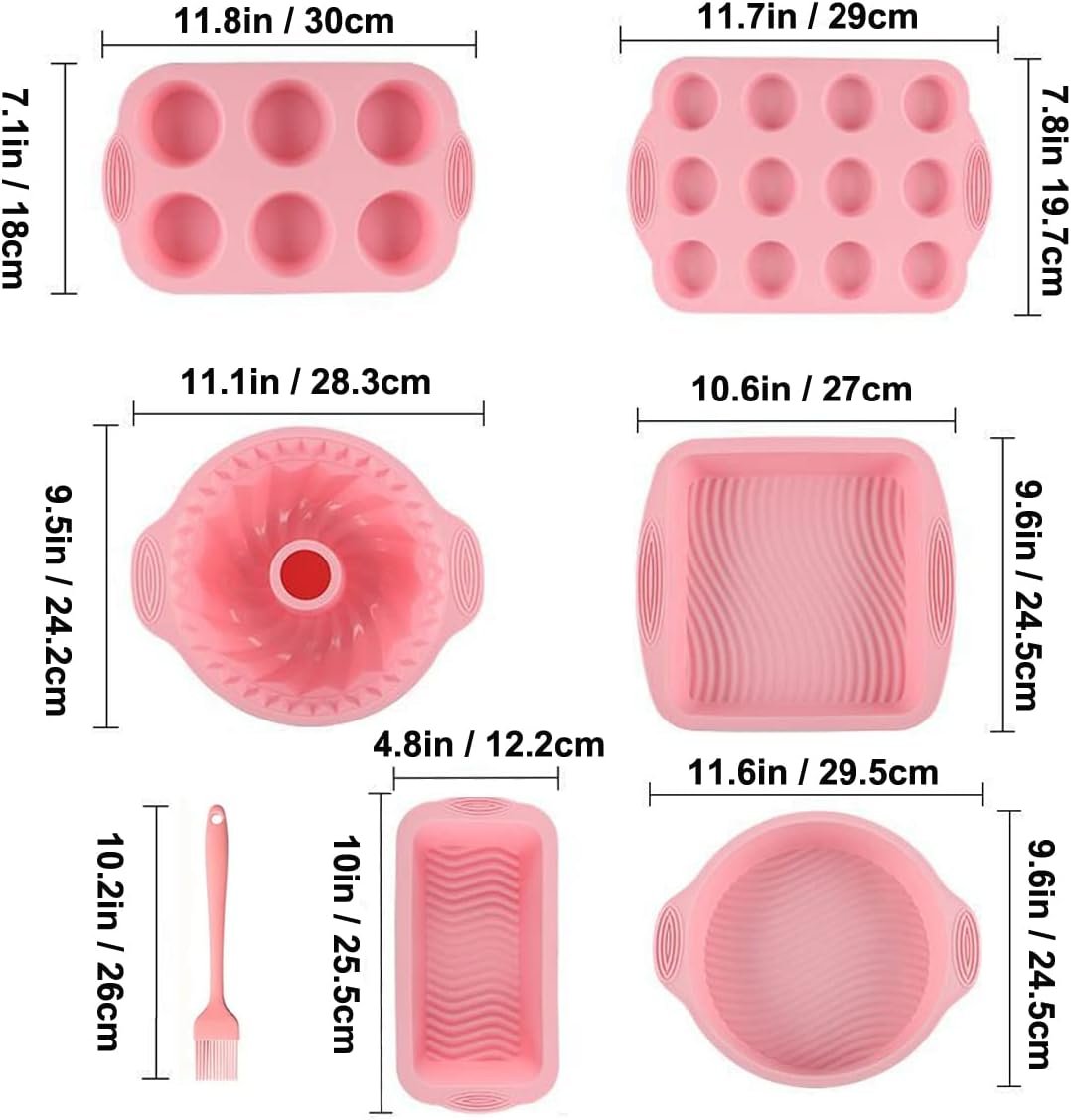 Acidea Nonstick Silicone Bakeware Set, 7pcs Baking Cake Pan, Economical BPA Free Heat Resistant Bakeware Suppliers Tools Kit with Silicone Brush for DIY Loaf Bread Cheesecake Pizza Cupcake Muffin
