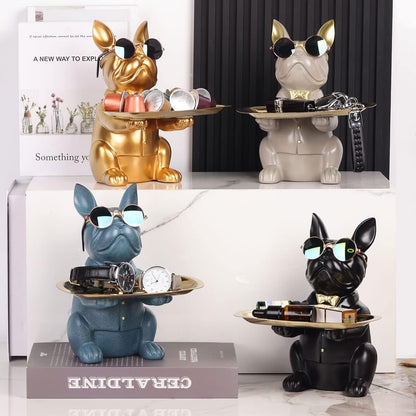QIANLING Modern Decor Resin Bulldog Tray Statue Storage Key Holder Candy Jewelry Earrings Suitable for Home Art Dining Table Office Small Object (Black)