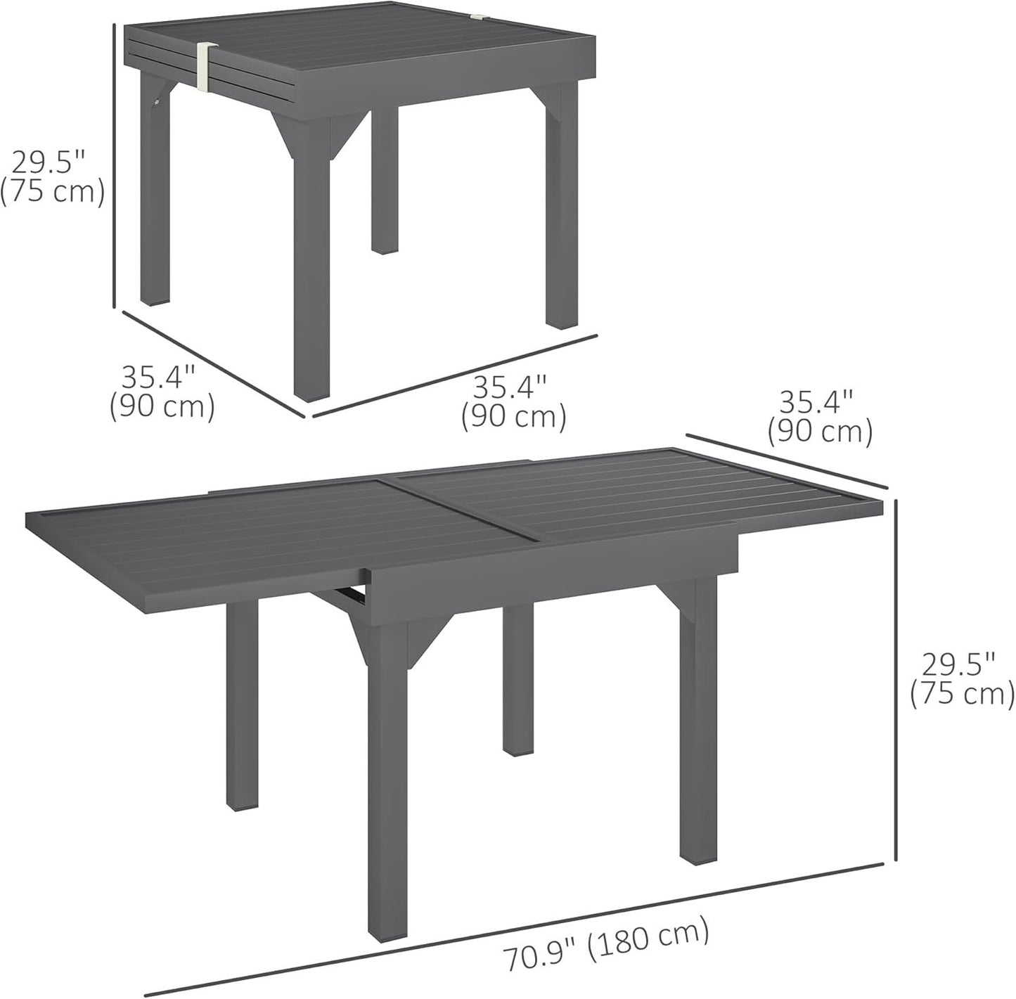 Outsunny Extendable Aluminium Outdoor Dining Table for 4-6 Person, 35"-71" Slatted Metal Patio Table for Garden, Backyard, Deck, Porch, Lawn, Grey