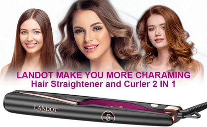 LANDOT Hair Straightener and Curler 2 in 1 - Twist Straightening Curling Iron Combo - Flat Iron Curling Iron in One for Curl Wave Straighten Hair