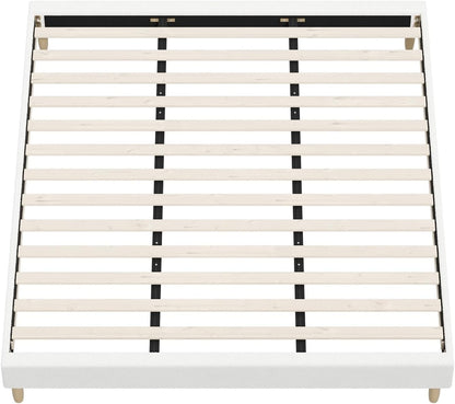 OIKITURE Bed Frame with Wooden Slats, Metal Bed Frame with Boucle Fabric Covers, Platform Bed Base King Size for Bedroom Home Decor, King Bed Frame Home Furniture