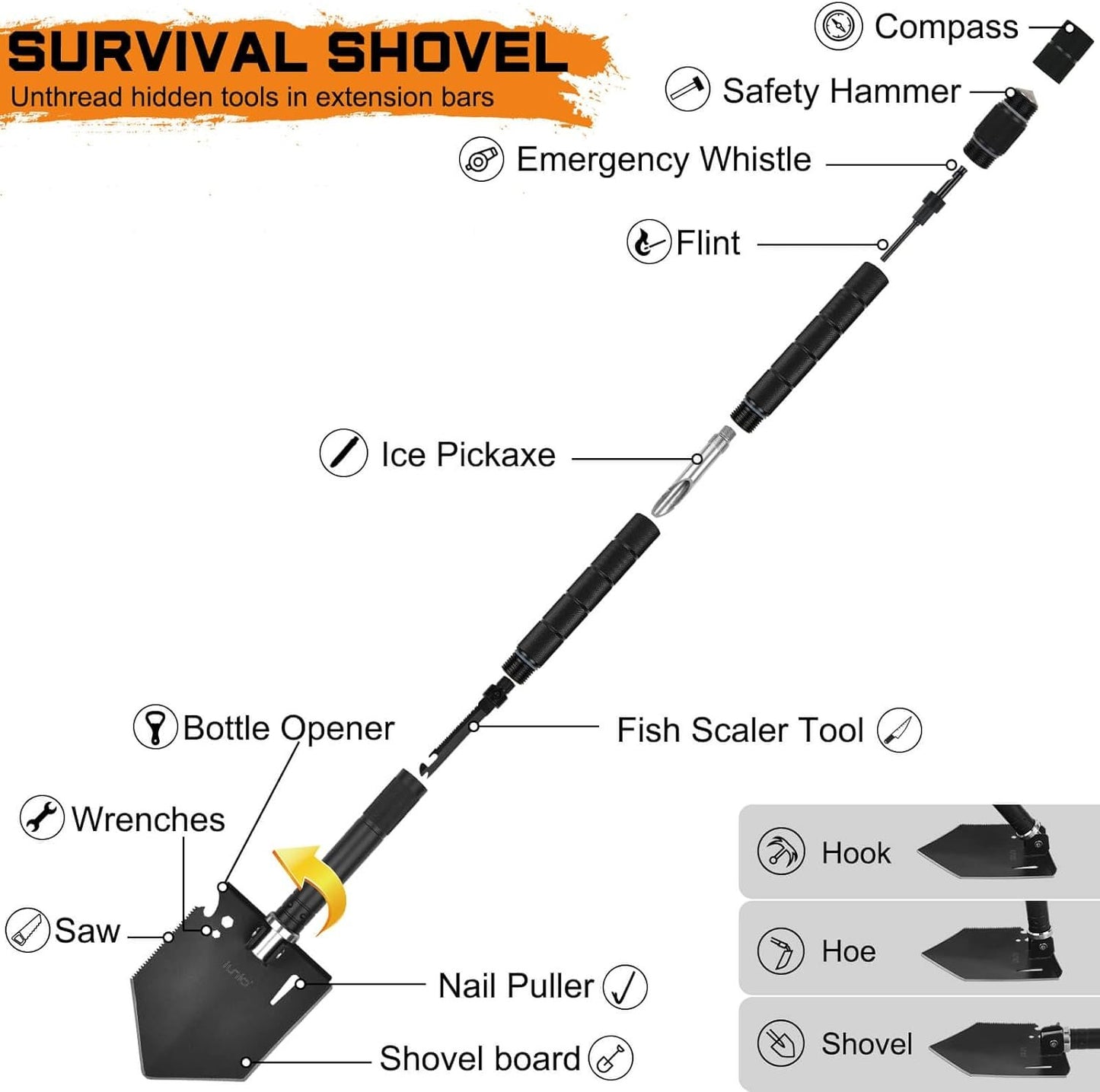iunio Survival Shovel Axe Kit Camping Shovel Axe Off-Roading Multitool Folding Pickaxe with Hard Carrying Case for Outdoor, Car Emergency