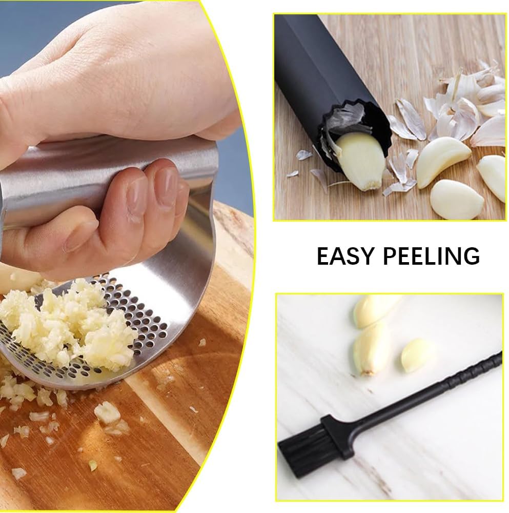 Stainless Steel Garlic Presser,2024 New Garlic Mincer Press Garlic Crusher with Cleaning Brushr And Peeler,Garlic Chopper Kitchen Tools Gadgets,Easy to Use.