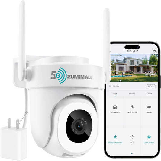 ZUMIMALL 2.4G/5G WiFi Security Camera Outdoor, 24/7 Recording Wired Camera for Home Security, 360° PTZ Auto Tracking, Cloud & SD Storage/3MP Color Night Vision/AI Detection/2-Way Talk/Support Alexa
