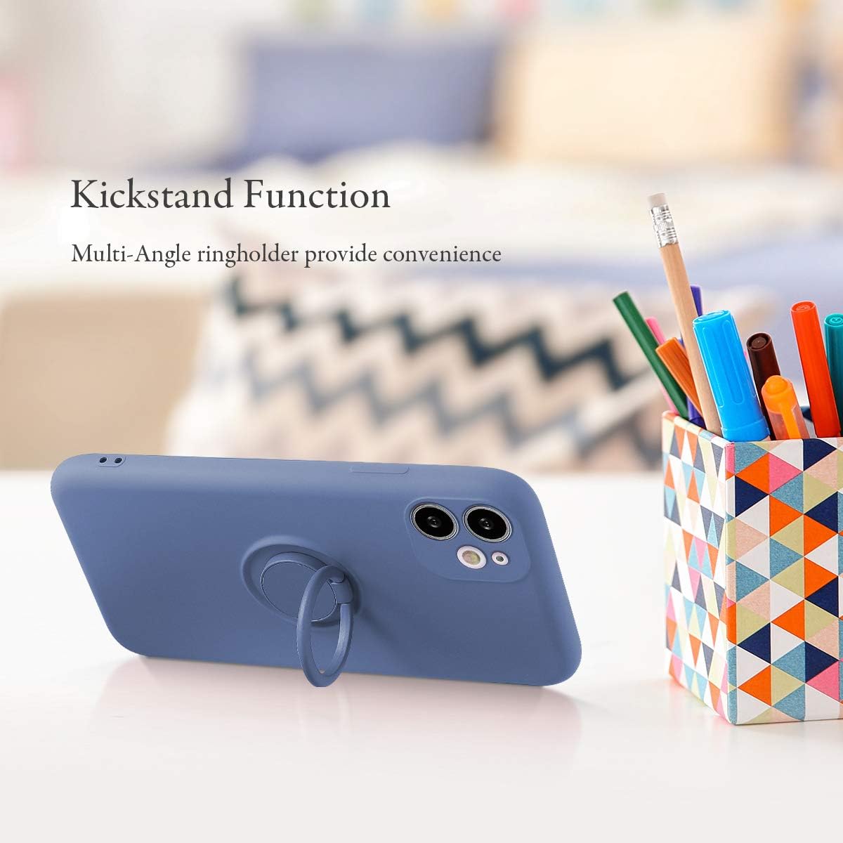 UEEBAI Case for iPhone 11 (6.1 inch), Slim Liquid Silicone Phone Case with 360 Rotatable Ring Holder Kickstand Fashion Hand Strap Magnetic Car Mount Shockproof TPU Bumper Cover - Grey Blue