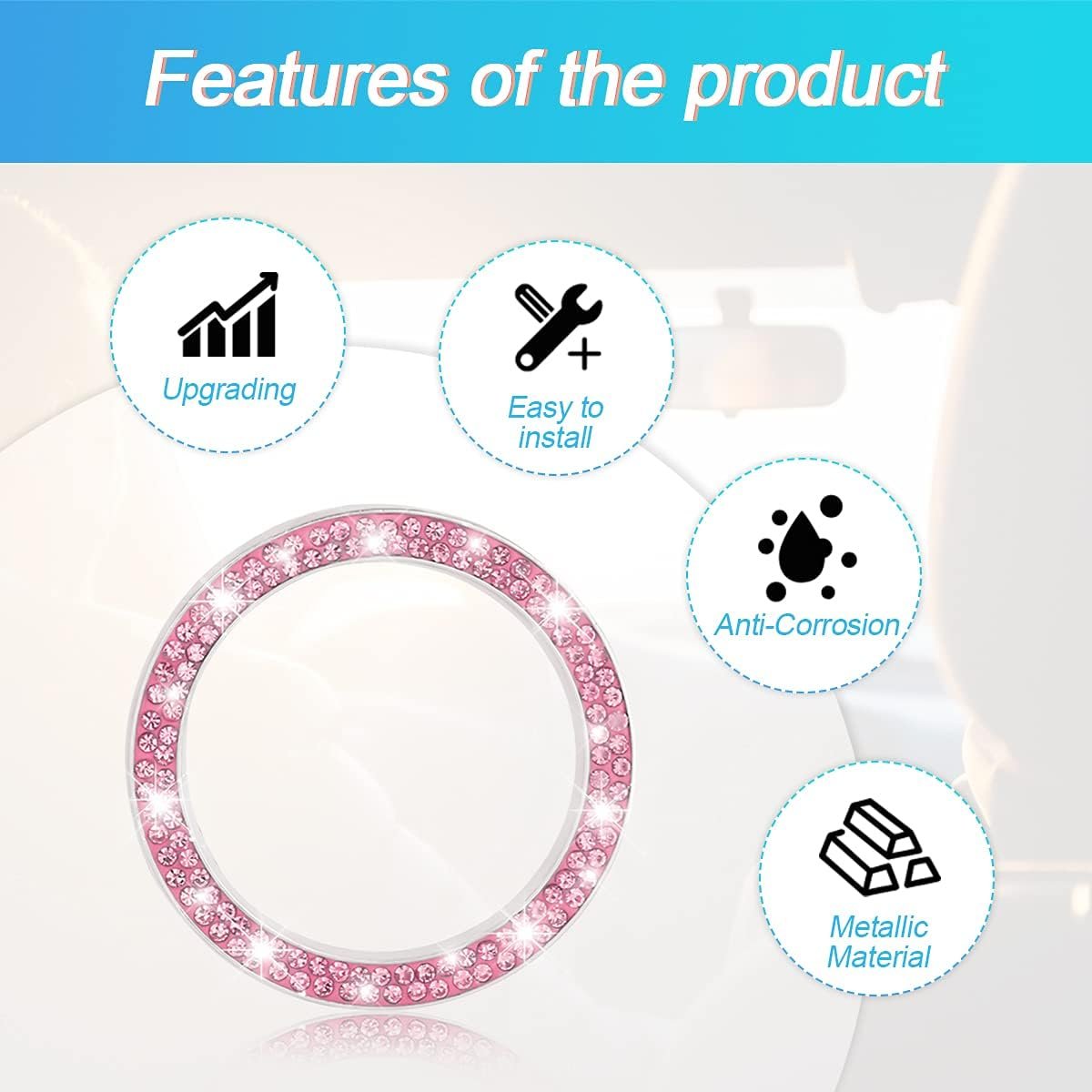Car Bling Crystal Rhinestone Engine Start Ring Decals, 2 Pack Car Push Start Button Cover/Sticker, Key Ignition Knob Bling Ring, Sparkling Car Interior Accessories for Women (Pink1)