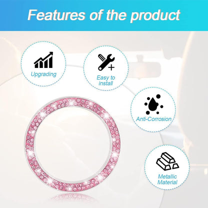 Car Bling Crystal Rhinestone Engine Start Ring Decals, 2 Pack Car Push Start Button Cover/Sticker, Key Ignition Knob Bling Ring, Sparkling Car Interior Accessories for Women (Pink)