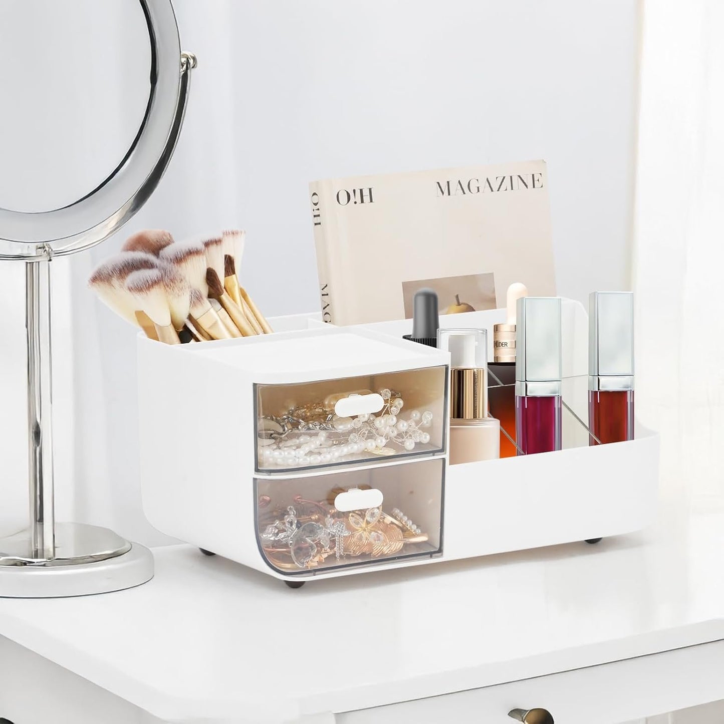 Witwatia Desk Organizer with 2 Drawer, Plastic Desk Organizers and Storage with 5 Compartments, Cosmetic Makeup Storage Box with 3 Pen Holder, Desktop Organization for Bathroom School Home Office