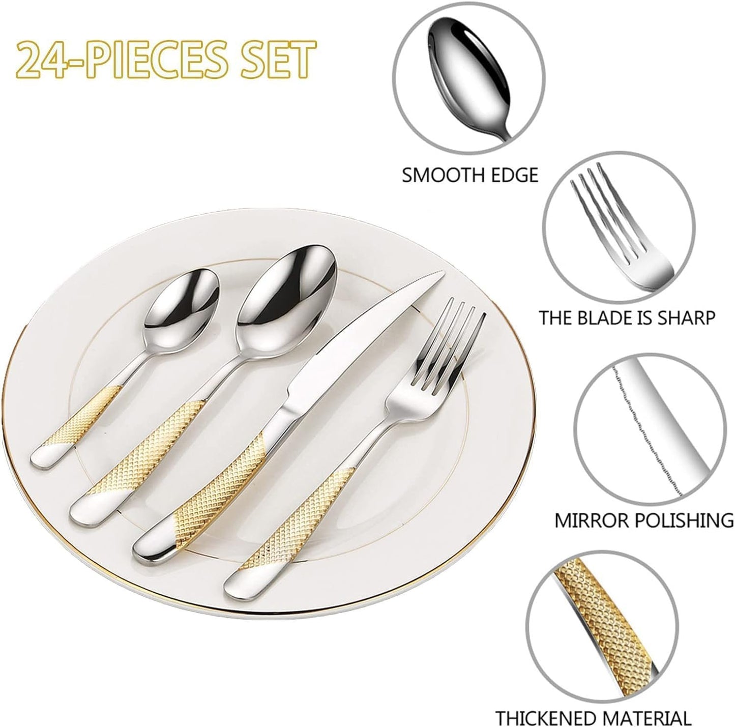 Gold Silverware Set, 24 Pieces Flatware Set with Silverware Holder, Stainless Steel Knives and Forks and Spoons Cutlery Set for 6, Kitchen Utensil Tableware Set with Antiskid Handle (Golden & Silver)