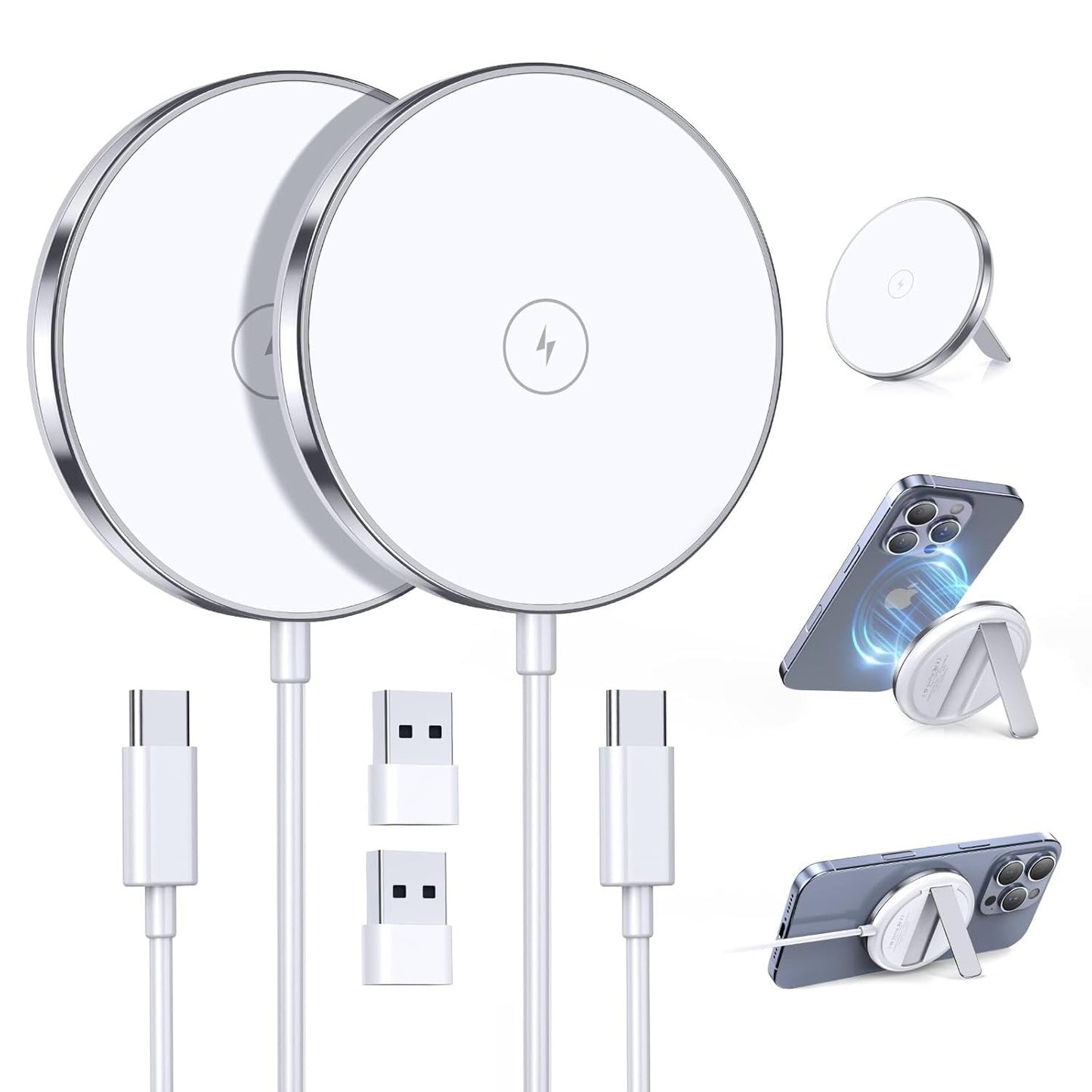 2 Pack Magnetic Wireless Charger 15W Fast Mag-Safe Charger Stand Compatible with iPhone 16/15/14/13/12 Series Wireless Charging Pad for AirPods 3/2/Pro 2/Pro White Portable Mag Safe Kickstand