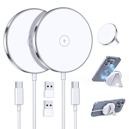 2 Pack Magnetic Wireless Charger 15W Fast Mag-Safe Charger Stand Compatible with iPhone 16/15/14/13/12 Series Wireless Charging Pad for AirPods 3/2/Pro 2/Pro White Portable Mag Safe Kickstand