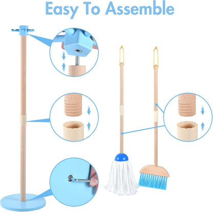 WHOHOLL Wooden Toddler Cleaning Set, Toddler Toys Montessori Toys for 3+ Years Old, Housekeeping Play Set Includes Broom Mop Duster Dustpan Sponge and Organizing Stand, STEM Skill Developmental Gift
