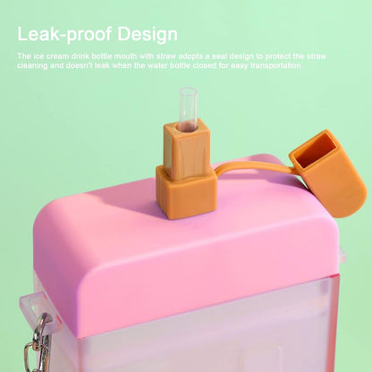 Water Bottles, Popsicle Water Bottle with Straw Cute Ice Cream Drink Bottle Leakproof Plastic juices Drinking Cup 300ml