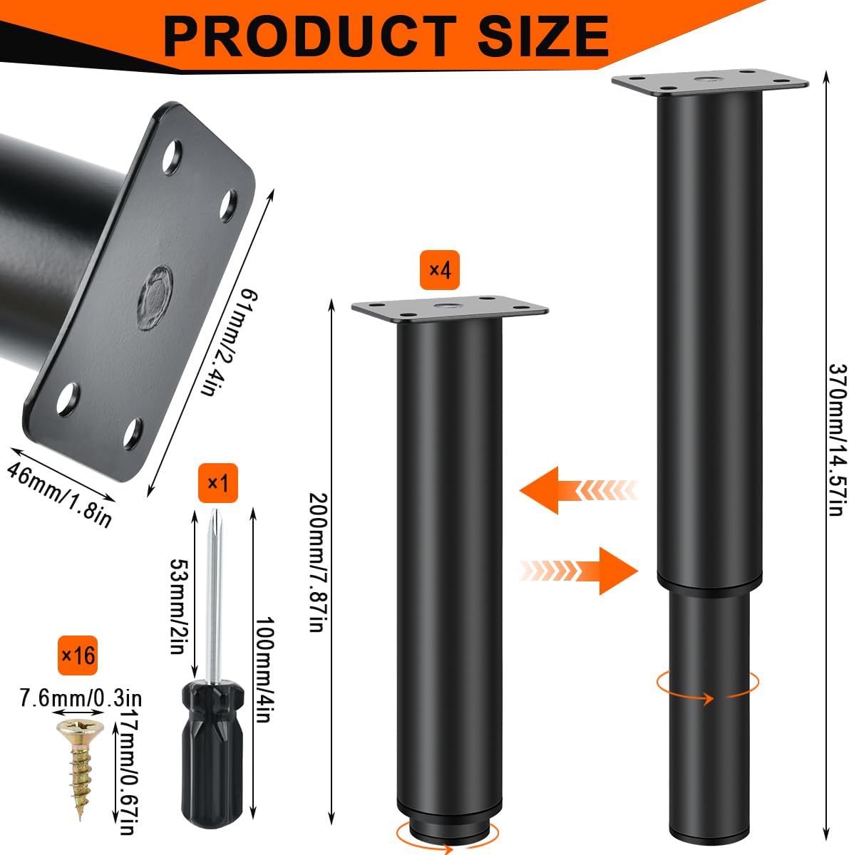 USENG Set of 4 Adjustable Sofa Legs (20 ~ 37 cm) Height Adjustable Table Legs for Furniture Adjustable Feet Metal Feet Retractable Legs Furniture Base Legs Adjustable Bed Feet Black