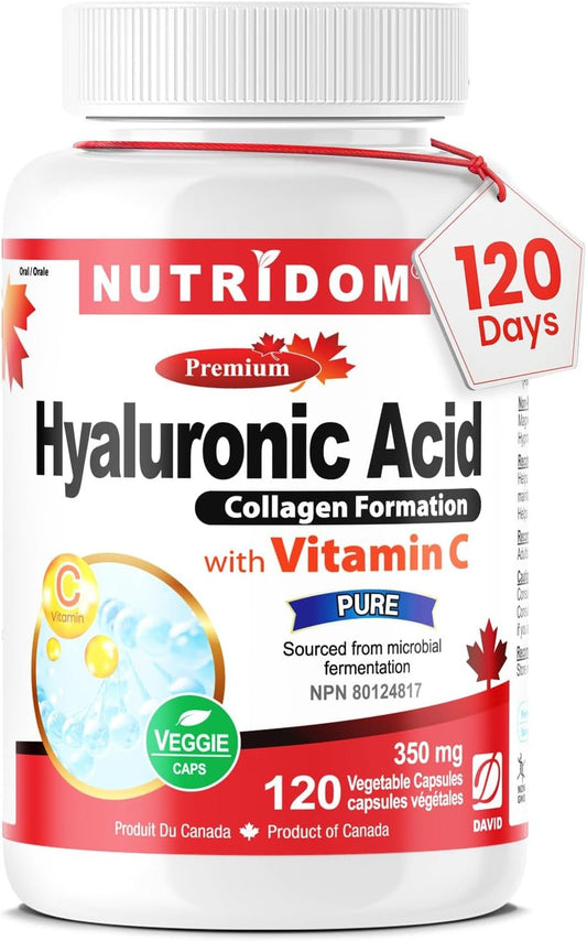 Nutridom Hyaluronic Acid Supplements 200mg with Vitamin C (120 count) Vegan, Non-GMO, Gluten-free, Dairy-free, and Soy-free