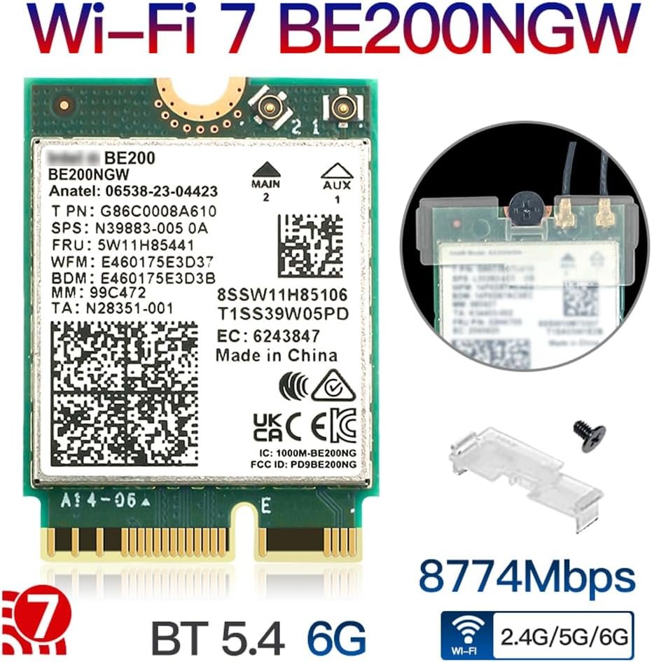 M.2 WiFi 7 Card Key E BE200 Wireless BT5.4 WiFi Network Adapter 2.4G/5G/6GHz 9.3Gbps for WiFi7/WiFi6E/WiFi6/WiFi5 Router Gaming PC Laptops Support Windows 10/11 Not Support AMD Motherboards