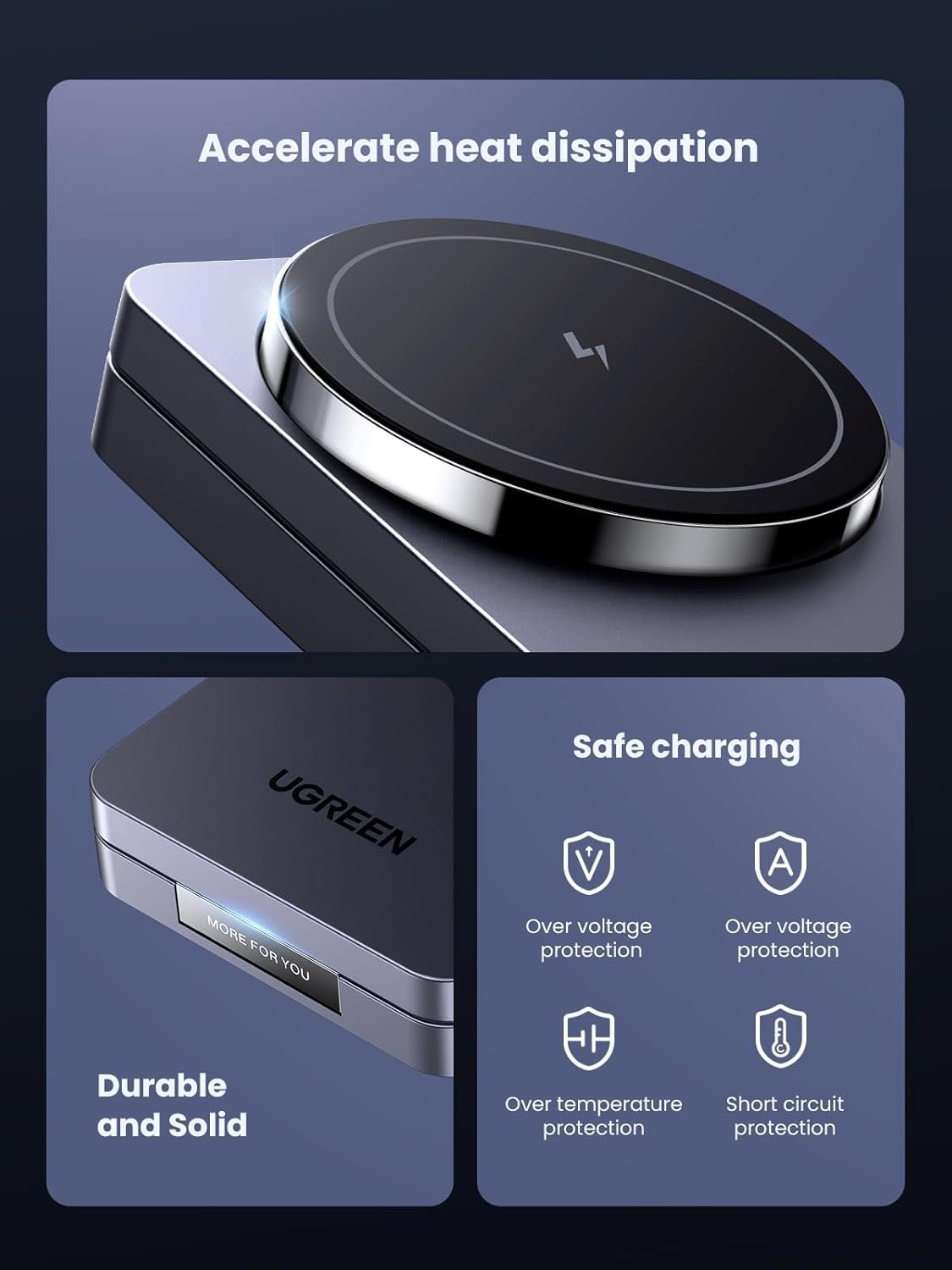 UGREEN Wireless Charger Qi 15W, MagFlow MagSafe Charger, Wireless Charging Stand, 2-in-1 Magnetic Holder Compatible with iPhone 16/15/14/13/12 Series, AirPods 4/3/2/Pro 1/2