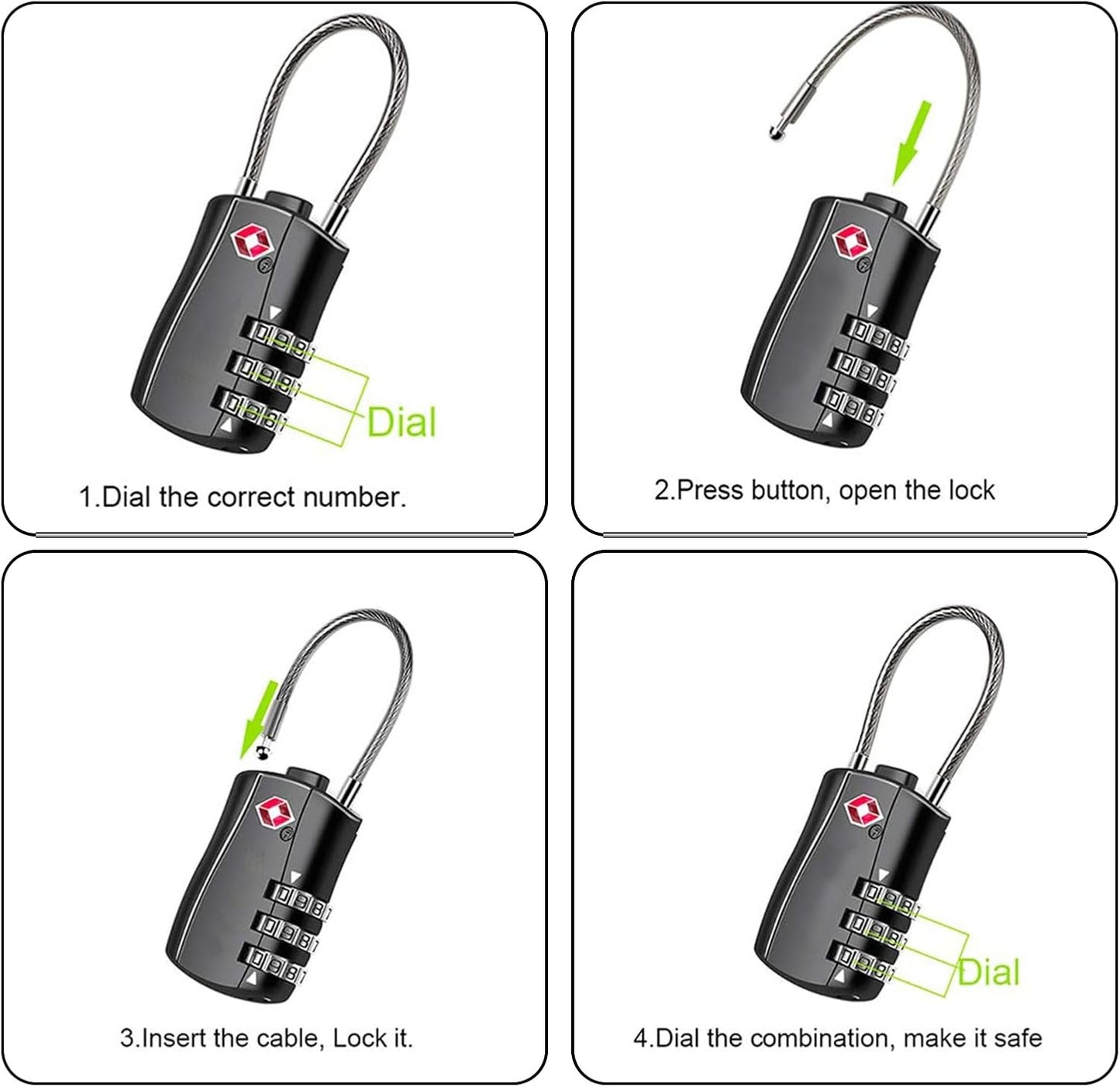 MAEZOE 4 Pack TSA Approved Luggage Locks, Combination Travel Cable Lock, 3-Digit Waterproof Padlock with Alloy Body, Keyless Resettable Suitcase Locks for Travel, Lockers, Bags, Backpack, Gym