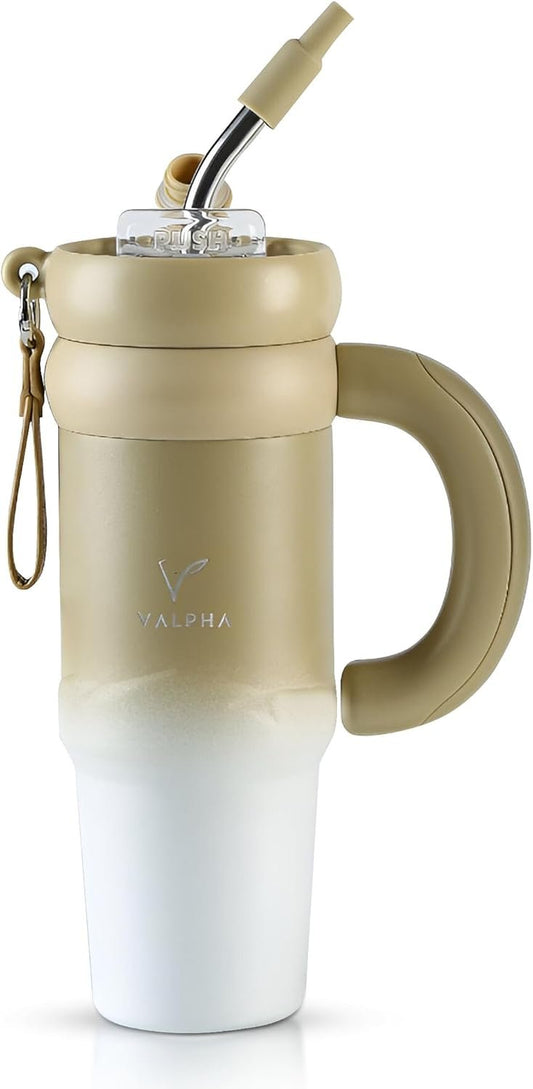 V ALPHA Travel Mug - Stainless Steel Double-Wall Insulated Tumbler with Handle and Straw for Hot & Cold Drinks - Leakproof Push-Lid Tumbler with Lid and Straw for Travel, Work, Outdoor (Honey Beige)