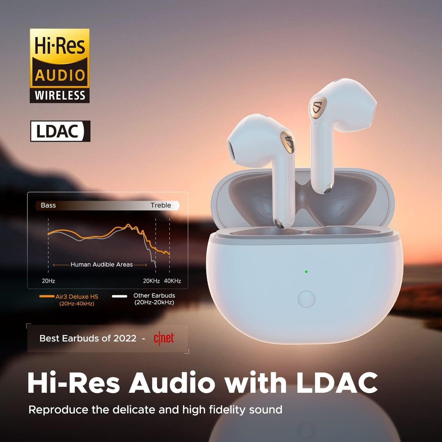 SoundPEATS Wireless Earbuds with Hi-Res Audio, Air3 Deluxe HS Semi in-Ear Headphones with LDAC, ENC Clear Call, APP Control, 14.2mm Large Driver, Game Mode, in-Ear Detection, Total 20H (White)