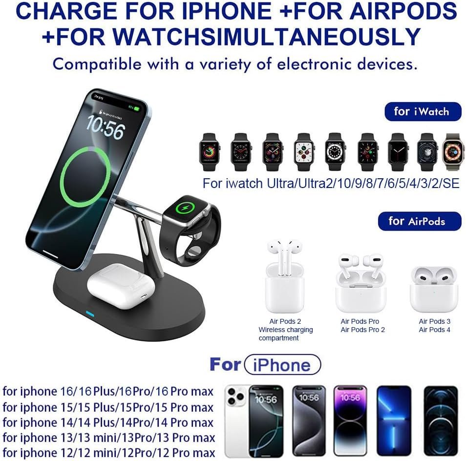 VNBBT 3 in 1 Wireless Charger, 15W Fast Magnetic Wireless Charging Stand Compatible Mag-Safe Charging for iPhone 16/15/14/13/12 Pro Max Series,AirPods,Apple Watch Series 10/9/8/7/6/SE/5/4/3/Ultra 2