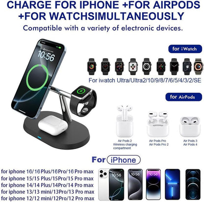 VNBBT 3 in 1 Wireless Charger, 15W Fast Magnetic Wireless Charging Stand Compatible Mag-Safe Charging for iPhone 16/15/14/13/12 Pro Max Series,AirPods,Apple Watch Series 10/9/8/7/6/SE/5/4/3/Ultra 2