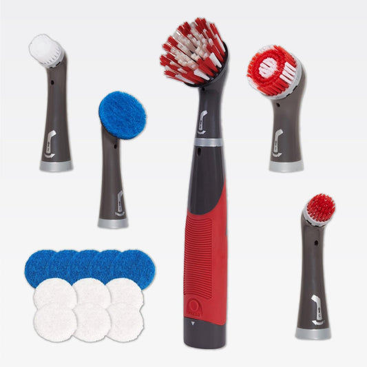 Rubbermaid Reveal Cordless Battery Power Scrubber Home Kit, 18 Pieces, Red, Multi-Purpose Scrub Brush Cleaner for Grout/Tile/Bathroom/Shower/Bathtub, Water Resistant, Lightweight, Ergonomic Grip