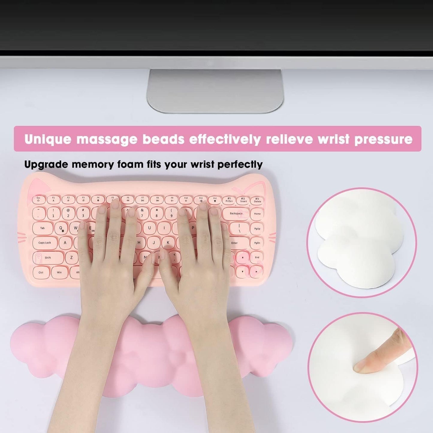 Cloud-Soft Ergonomic Wrist Rest for 100 Keys 87 Keys 68keys Keyboard PU Material Anti-Slip Rubber Base Memory Foam Cloud-Shaped Palm Rest for Computer Laptop,Pain Relief (Pink)
