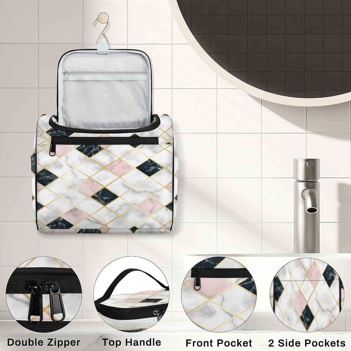 Grunge Marble Geometric Travel Toiletry Bag for Men and Women Large Hanging Toiletry Organizer Waterproof Hygiene Bag with Metal Hook, Grunge Marble Geometric, 10.2 x 6.5 x 9.2 inches